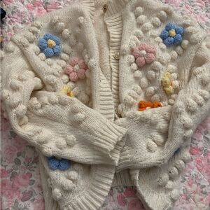 Cream Cardigan with Colorful 3D Flowers